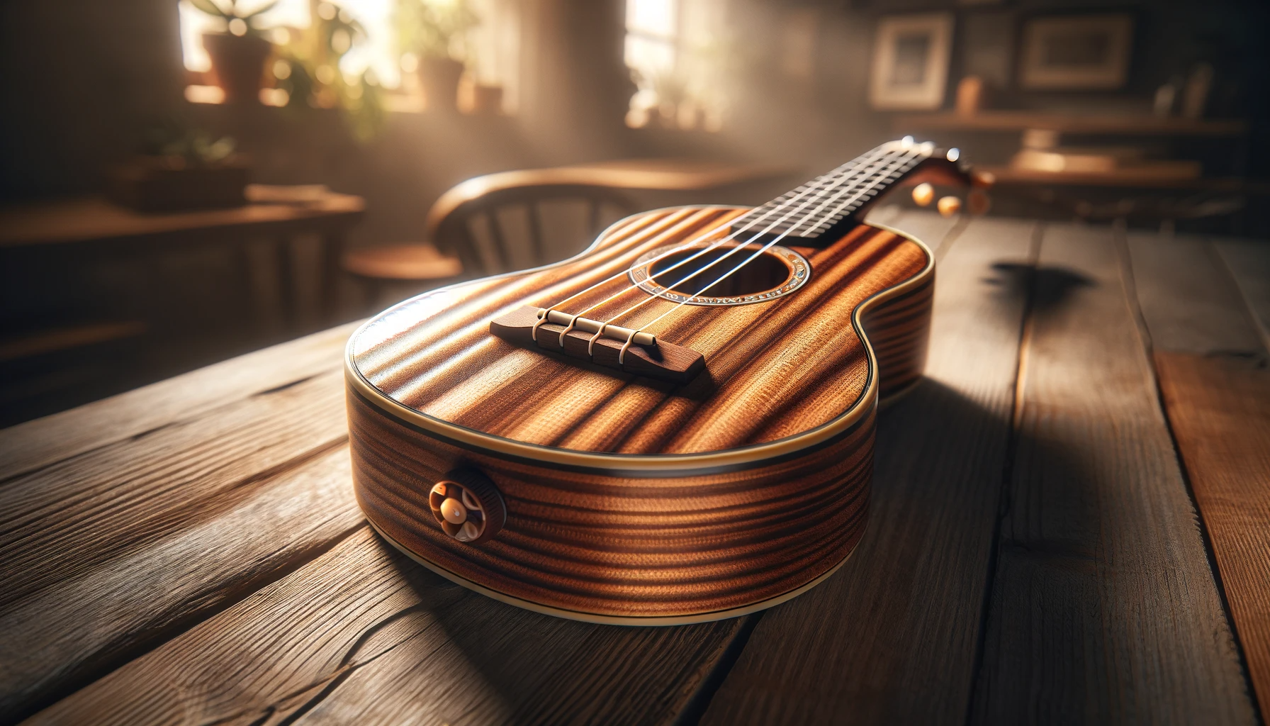 Eine Ukulele liegt auf dem Tisch.